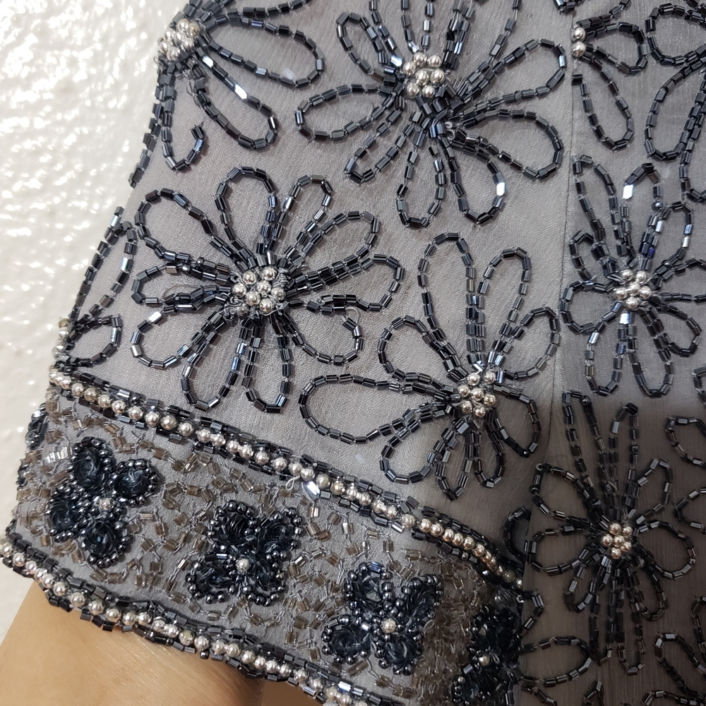 Adrianna Papell Beaded Floral Crop Top - Black and Silver